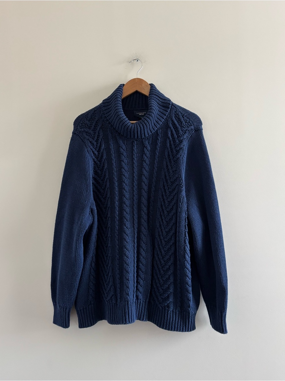 Lands End Cable Knit Turtleneck Sweater Navy Blue Cotton 2X Preppy Fisherman 90s